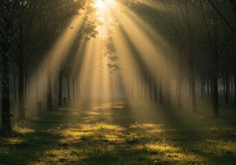 Obraz premium Golden sun rays pierce morning mist, illuminating a serene forest path. Natures ethereal beauty unfolds in this tranquil scene.