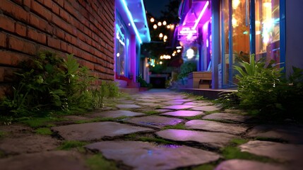 Obraz premium Low camera angle of a quiet alleyway with cracked concrete, moss growing between bricks, neon signs flickering above