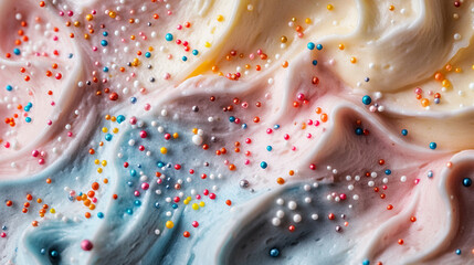 Detailed texture of a frosted cupcake with rainbow sprinkles and piped buttercream