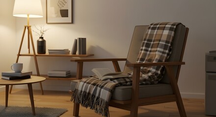 Cozy reading chair and bookshelf in ambient room