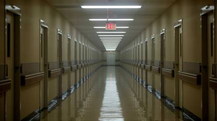Long Hospital Corridor  Flooded Floor  Empty Rooms  Emergency Exit Sign