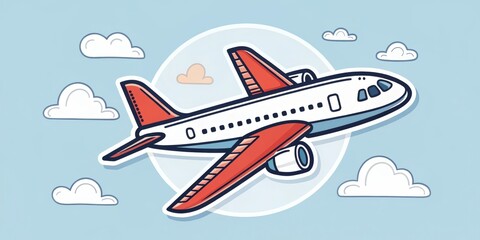 Cartoon Airplane in Flight Illustration, Travel Concept, Red and White, Clouds Air travel, airplane illustration