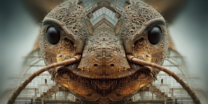 Detailed close-up view of an enormous ant's head.