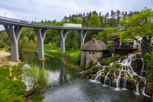 The historic village of Rastoke in the town of Slunj, where the Slunjčica River flows into the Korana River via cascades and waterfalls, Karlovac county, Croatia, Europe