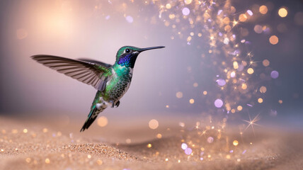 Fototapeta premium Sparkling Hummingbird in Flight Nature Photography Wildlife Bird Feathers Sand Bokeh