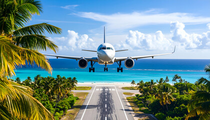 A picturesque airport near the coastline, showcasing a sleek airplane ascending from the runway with palm trees and azure waters in the background