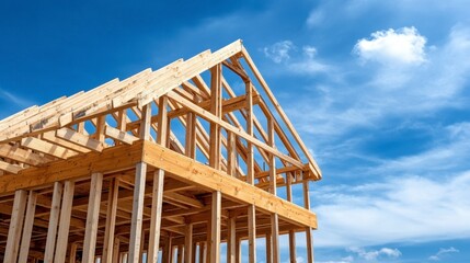 New House Construction Wooden Frame Against Blue Sky