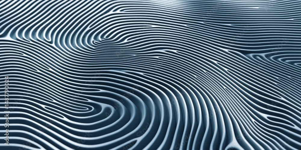 Poster abstract design of flowing lines creates a dynamic and rhythmic pattern against a cool blue backgrou