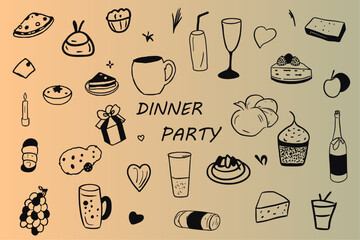 Hand drawn doodle whimsical illustrations of food and drinks. Drawings of italian and french food, cocktails, flowers, dinner and decorations. Coquette line art in vintage style. Vector illustration