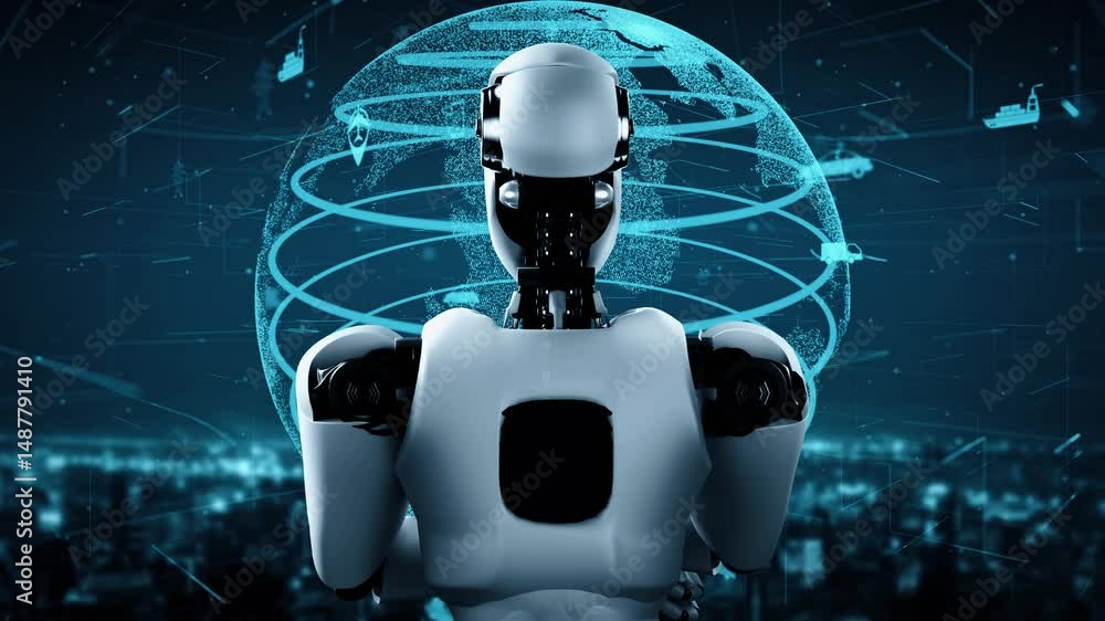 Poster futuristic robot artificial intelligence huminoid ai transportation analytic technology development 