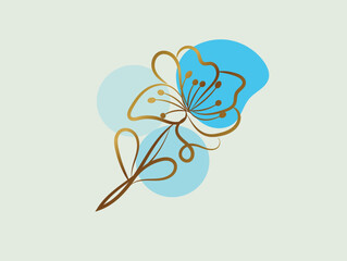 Elegant Golden Flower Line Art with Abstract Blue Shapes