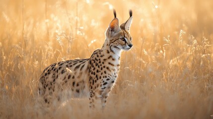 A serval cat standing in a golden savanna, its tall ears listening for sounds in the wind