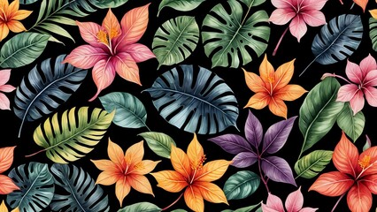 Colorful leaves and flowers are depicted, with a deep black background enhancing their vividness