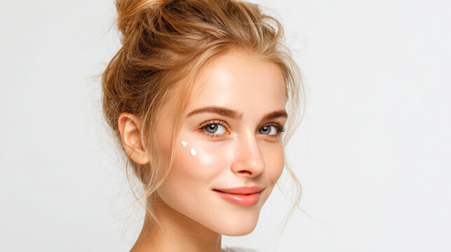 Beautiful face of a 25 year old girl blonde hair in a bun, light clear glowing skin, on her face a drop of cream light on her cheek rjnjhst yf yjcbn gfkmwtv , looks at us real photo, white background