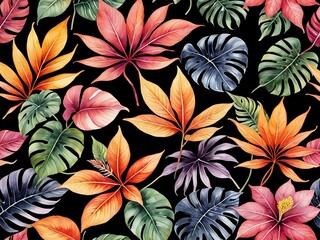 Colorful leaves and flowers are depicted, with a deep black background enhancing their vividness