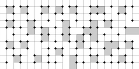 modern technology structured grid pattern with black dots connected by gray lines, forming a rectangular shape with irregular missing sections, creating a unique design white background.