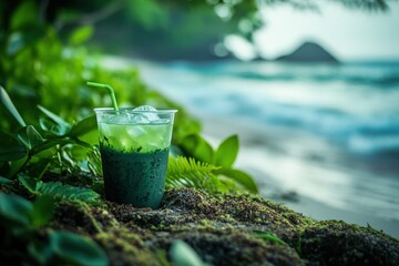 Refreshing drink on a tropical beach scene.