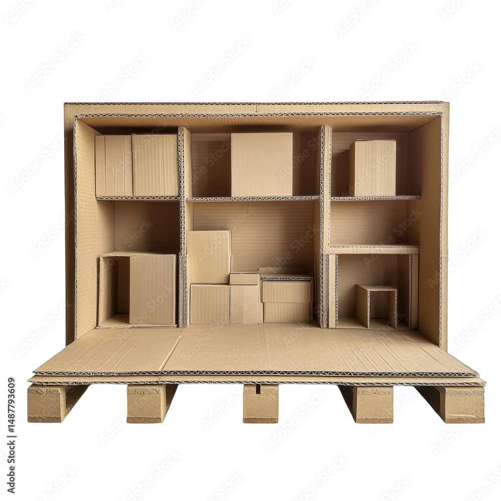 Poster cardboard boxes stacked on a pallet inside a cardboard shelf structure isolated on a black backgroun