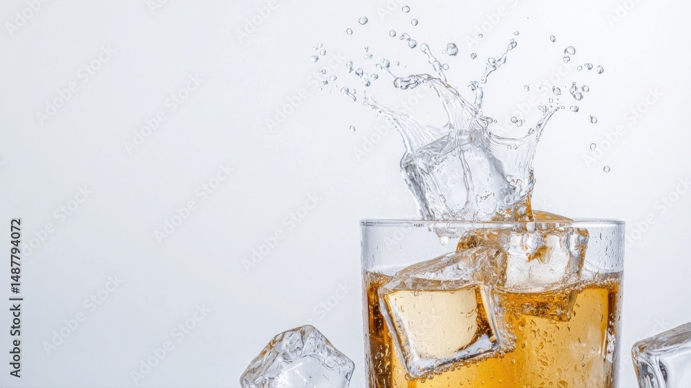 Poster ice cube splashing into a refreshing drink with white background drink splashing refreshing beverage