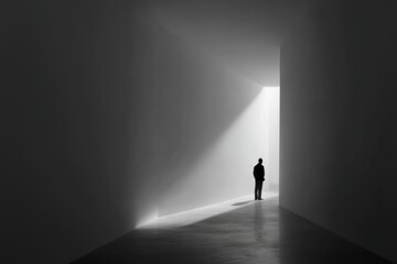 Solitary Figure in a Minimalist Light-Filled Corridor