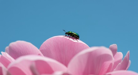 A vibrant emerald beetle resting on a soft pink flower petal.
