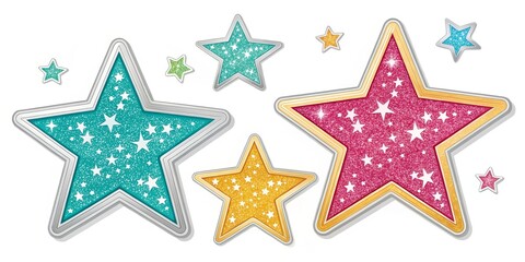 Obraz premium Glittery Star Composition Teal, Pink, Gold Stars, Festive Design, Graphic Illustration, , Sparkle Stars