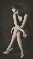 Elegant seated woman in monochrome attire.