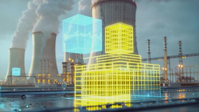 A  hologram projection of Mobile Magic Cube Box floats above an Inspection Magic Cube Box working on A Thermal power plant in the background, Generative AI Videos.