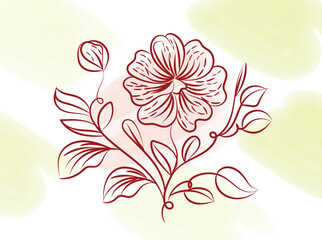 Elegant Red Line Art Flower with Watercolor Background