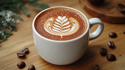 Creamy Coffee in White Mug on Wooden Surface