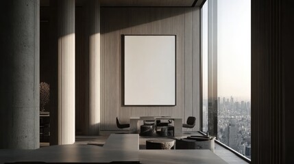 Modern, minimalist interior design with large windows.