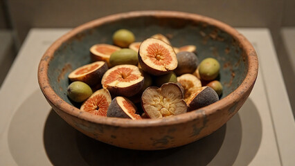 desiccated fig and olive remains in small ceramic bowl, ancient food display

