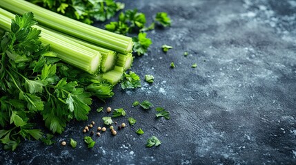 Crisp Celery Stalks and Fresh Parsley on a Dark Background