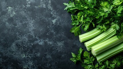 Crisp Celery Stalks and Fresh Parsley on a Dark Background
