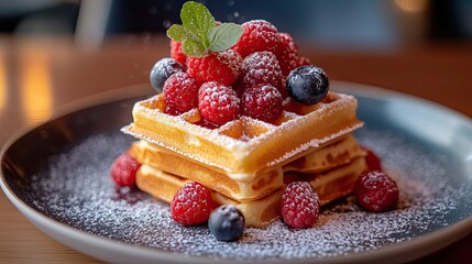 Crispy Golden Waffles Topped with Berries and a Dusting of Sugar