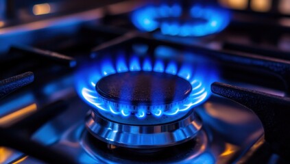 Close-up of a gas stove burner with vibrant blue flames, illuminating the metallic surface. Modern kitchen appliance, energy, heat, cooking concept.