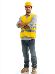  Male engineer with helmet and vest isolated on white studio background.
