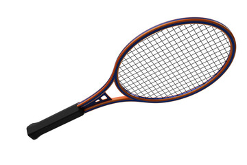 Modern Tennis Racket with Orange and Blue Frame and Black Grip, Sports Equipment for Tennis Players: Racket with Strings and Handle, for Sporting Goods or Recreational Use on a PNG Transparent