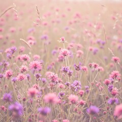 Fototapeta premium Wildflower meadow soft light pink purple flowers
