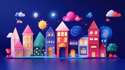 Fototapeta premium Christmas night in a winter city shows cute cartoon houses with snow on the roof under the night sky