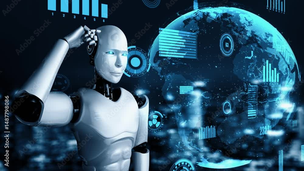Poster futuristic robot artificial intelligence huminoid ai for industrial factory technology development a