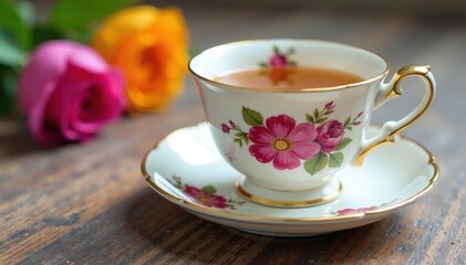 Antique porcelain teacup and saucer with delicate flowers, blue, home