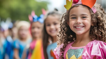 Children wearing princess and superhero costumes smiling while marching in a festive parade