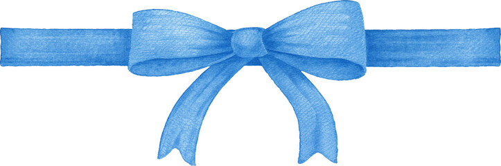 Watercolor illustration of a blue bow on a transparent background.