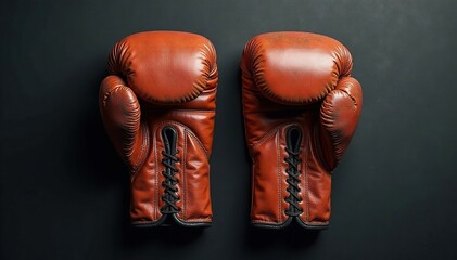 Pair of worn brown boxing gloves, showing wear , boxing gloves, gym