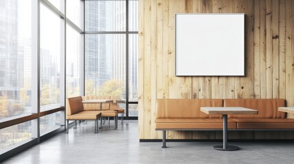 Modern cafe interior with panoramic city view.
