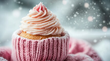Cupcake Nestled in Knit Mittens During Cozy Winter Day