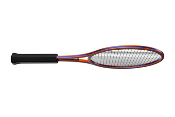Modern Tennis Racket with Orange and Blue Frame and Black Grip, Sports Equipment for Tennis Players: Racket with Strings and Handle, for Sporting Goods or Recreational Use on a PNG Transparent