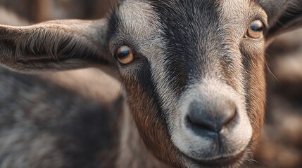Close-up of a curious goat's face with soft fur and expressive eyes, set against a blurred farm background