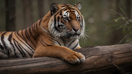 Obraz premium Cinematic Portrait of a Majestic Siberian Tiger Resting on a Wooden Log